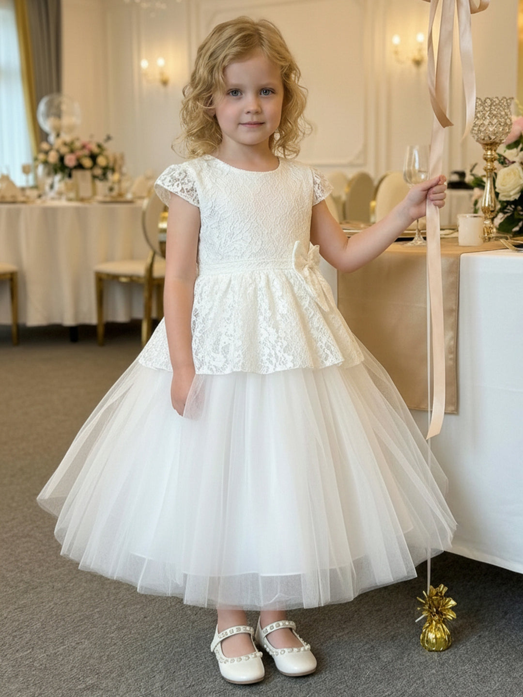 Robe pour Fille de Fleur, Ligne A/Princesse, Col Rond, Longueur de la Cheville, Manches Courtes, Dentelle, Tulle
