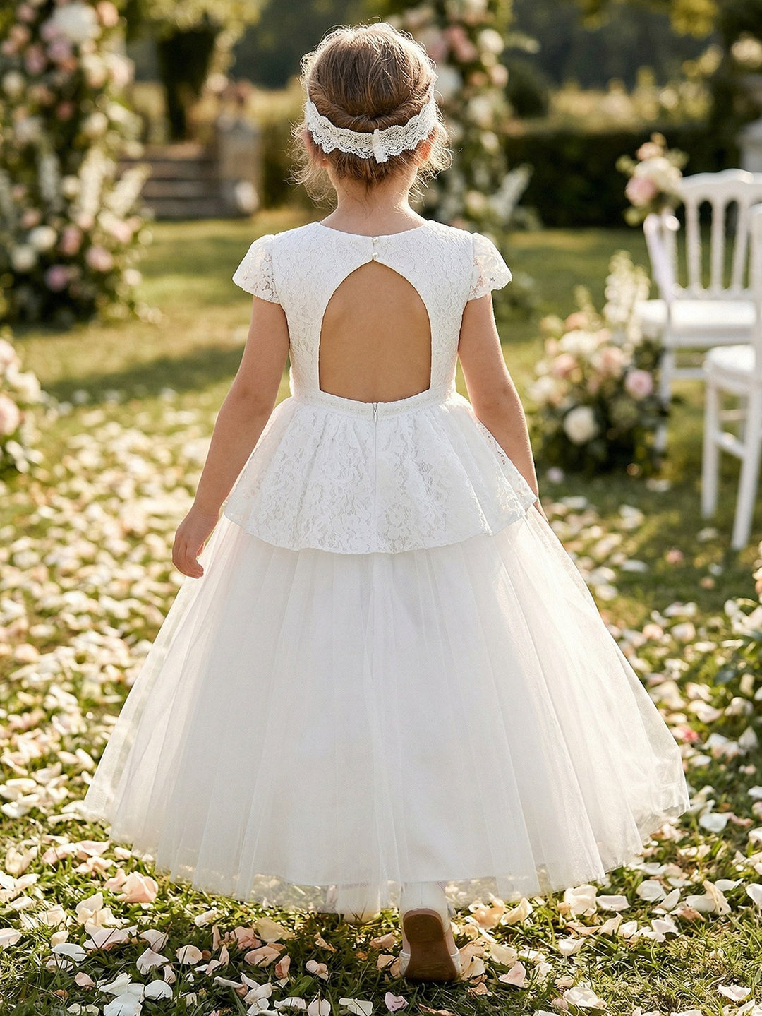 Robe pour Fille de Fleur, Ligne A/Princesse, Col Rond, Longueur de la Cheville, Manches Courtes, Dentelle, Tulle
