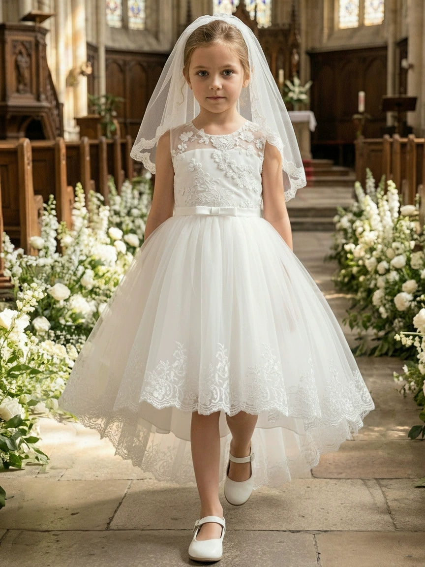 Robe pour Fille de Fleur, Ligne A/Princesse, Col Rond, Longueur de la Cheville, Manches Courtes, Dentelle, Tulle