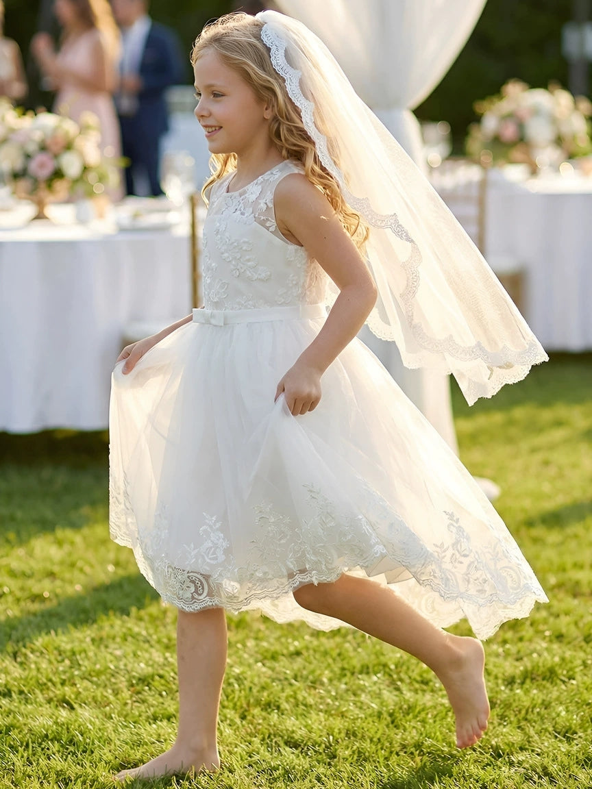 Robe pour Fille de Fleur, Ligne A/Princesse, Col Rond, Longueur de la Cheville, Manches Courtes, Dentelle, Tulle