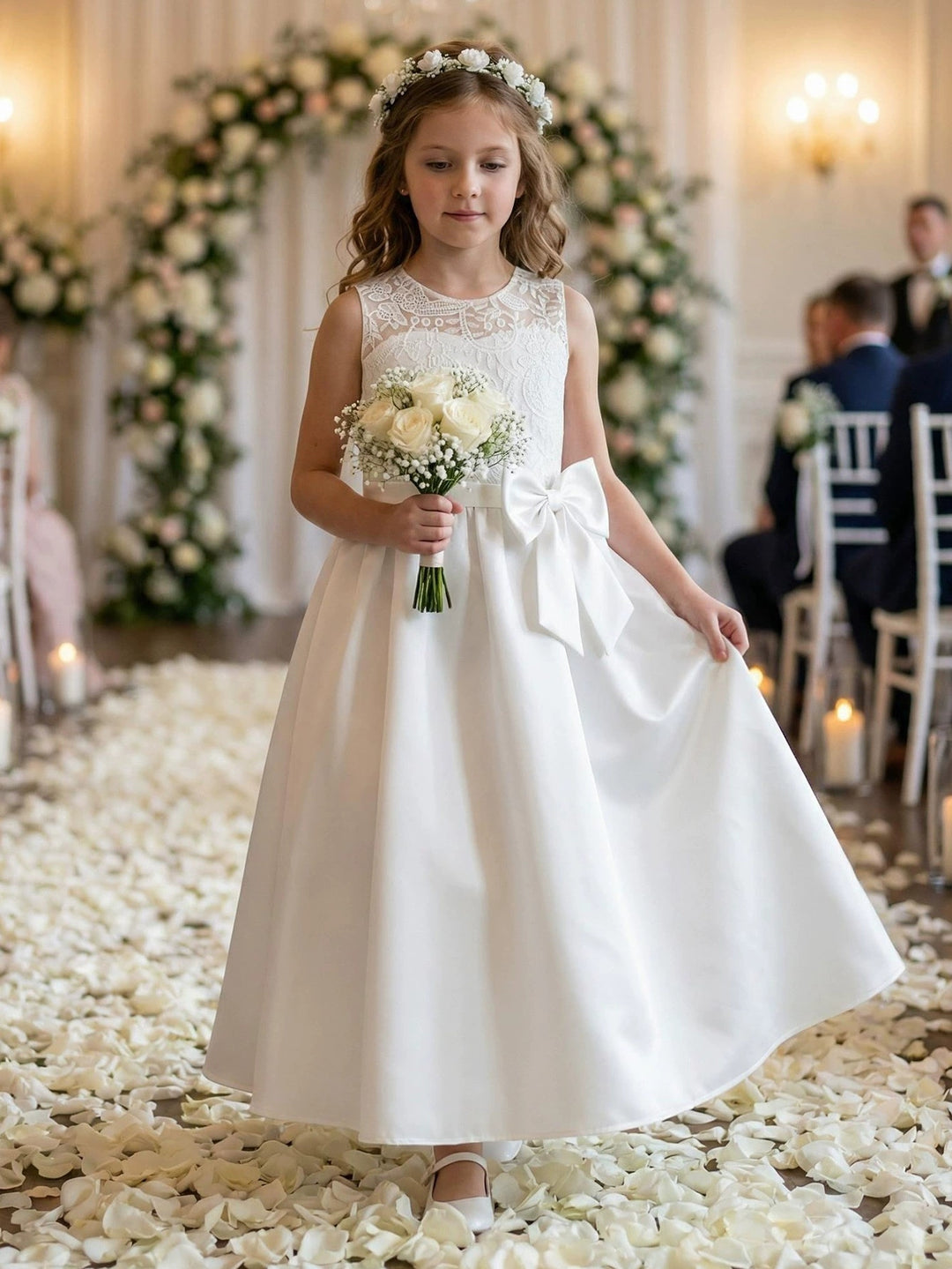 Robe pour Fille de Fleur, Ligne A/Princesse, Col Rond, Longueur de la Cheville, Sans Manches, Dentelle