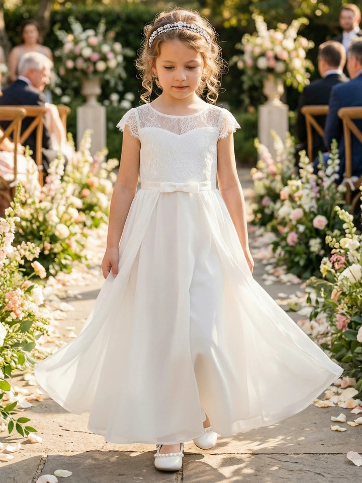 Robe pour Fille de Fleur, Ligne A/Princesse, Col Rond, Longueur de la Cheville, Manches Courtes, Dentelle, Tulle