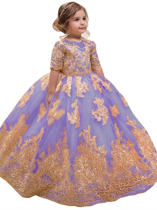 Robe pour Fille de Fleur, Ligne A/Princesse, Col Rond, Longueur au Sol, Manches Mi-longues, Dentelle, Nœud Papillon