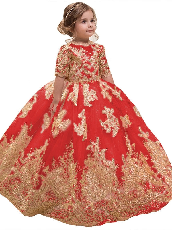 Robe pour Fille de Fleur, Ligne A/Princesse, Col Rond, Longueur au Sol, Manches Mi-longues, Dentelle, Nœud Papillon