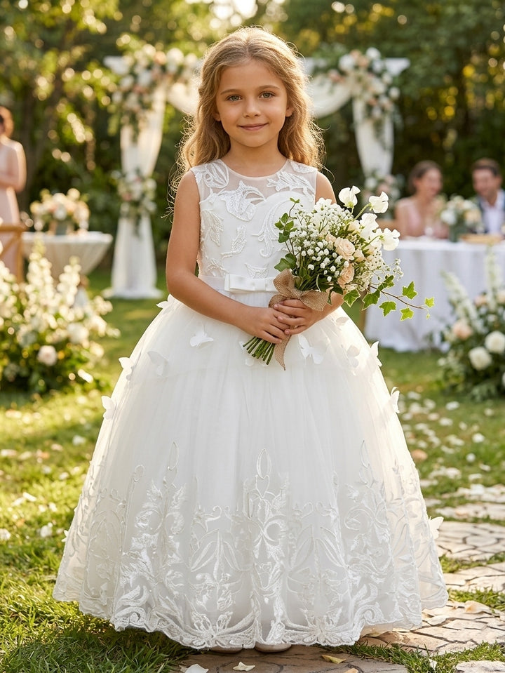 Robe pour Fille de Fleur, Ligne A/Princesse, Col Rond, Longueur au Sol, Sans Manches, Papillon 3D&Nœud Papillon