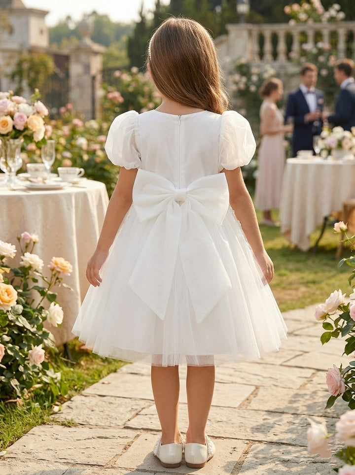 Robe pour Fille de Fleur, Ligne A/Princesse, Col Rond, Longueur du Thé, Manches Bouffantes, Nœud Papillon