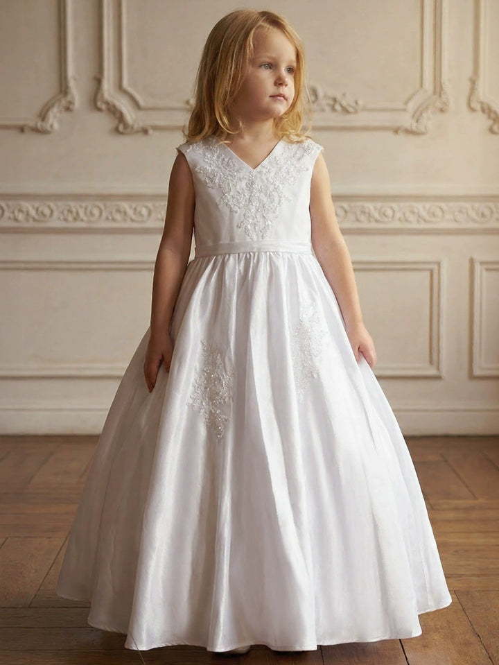 Robe pour Fille de Fleur, Ligne A/Princesse, Col en V, Longueur au Sol, Sans Manches, Satin, Broderie