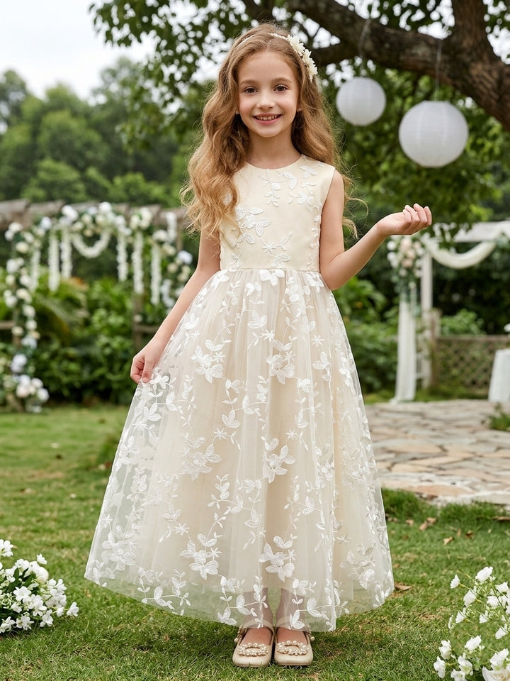 Robe pour Fille de Fleur, Ligne A/Princesse, Col Rond, Longueur de la Cheville, Sans Manches, Nœud Papillon