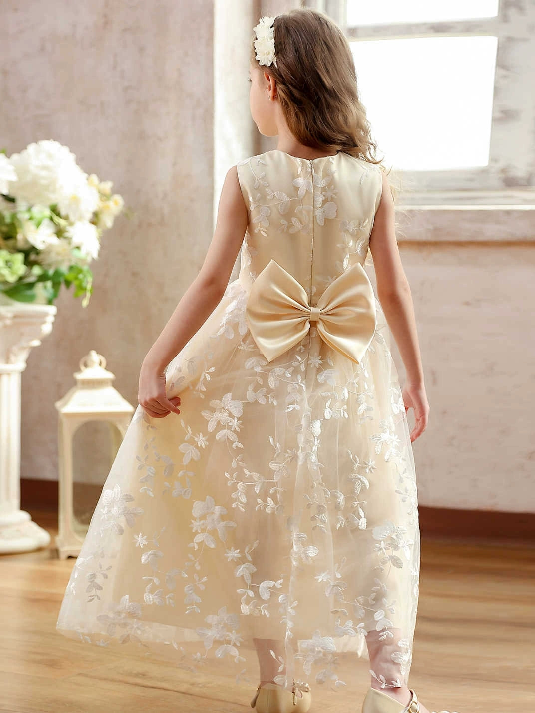 Robe pour Fille de Fleur, Ligne A/Princesse, Col Rond, Longueur de la Cheville, Sans Manches, Nœud Papillon