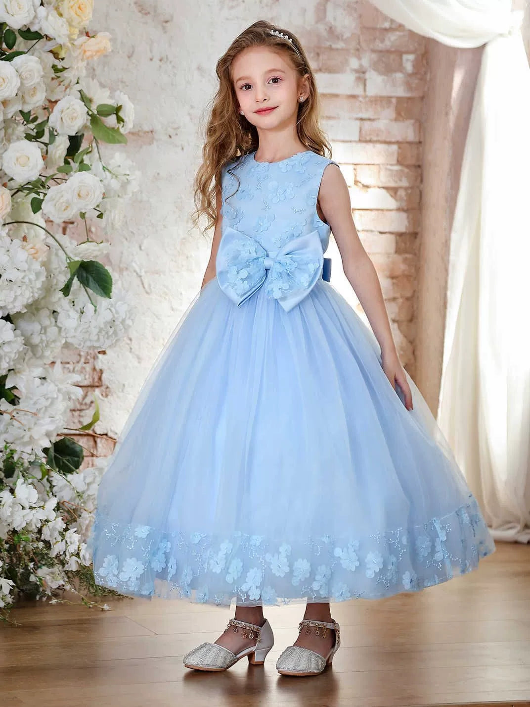 Robe pour Fille de Fleur, Ligne A/Princesse, Col Rond, Longueur de la Cheville, Sans Manches, Nœud Papillon