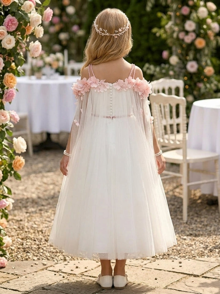Robe pour Fille de Fleur, Ligne A/Princesse, Hors de l'épaule, Longueur du Thé, Sans Manches, Satin, 3D Fleurs