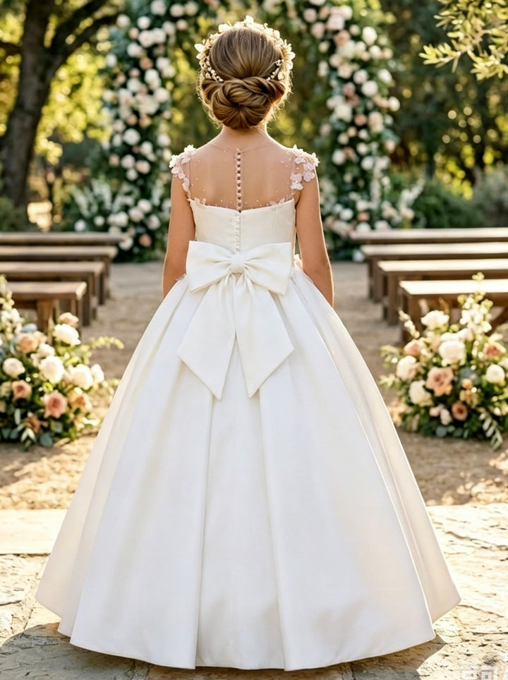 Robe pour Fille de Fleur, Ligne A/Princesse, Col Rond, Longueur au Sol, Sans Manches, Satin, 3D Fleurs