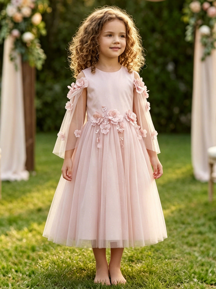 Robe pour Fille de Fleur, Ligne A/Princesse, Col Rond, Longueur du Thé, Manches Cape, Satin, 3D Fleurs