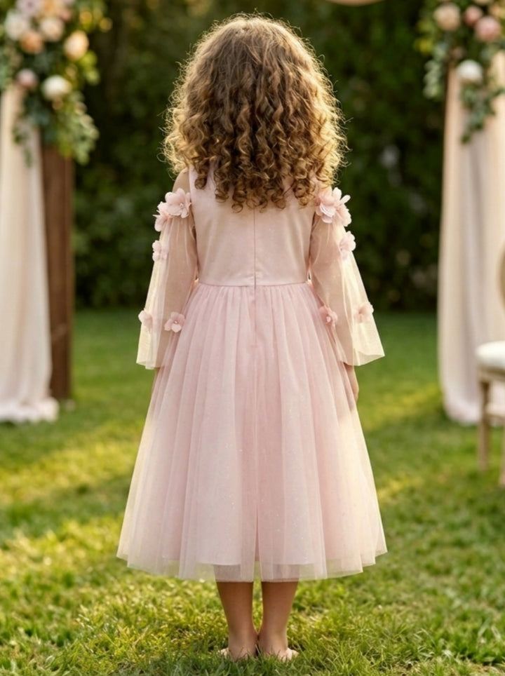Robe pour Fille de Fleur, Ligne A/Princesse, Col Rond, Longueur du Thé, Manches Cape, Satin, 3D Fleurs