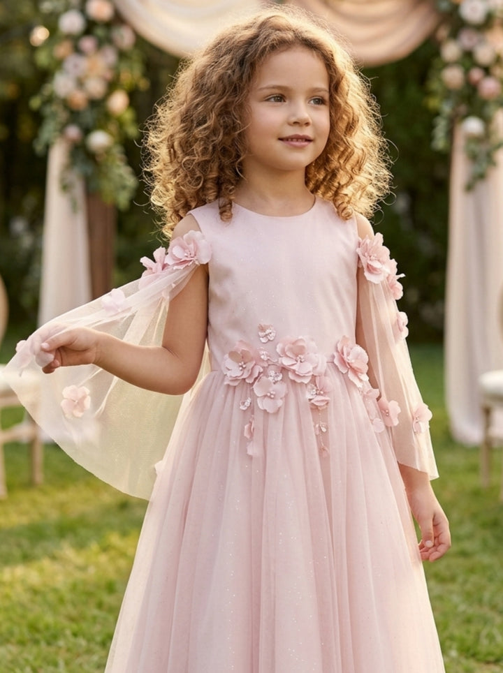 Robe pour Fille de Fleur, Ligne A/Princesse, Col Rond, Longueur du Thé, Manches Cape, Satin, 3D Fleurs