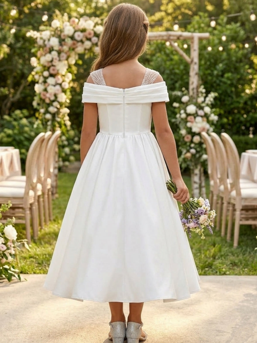 Robe pour Fille de Fleur, Ligne A/Princesse, Hors de l'épaule, Longueur du Thé, Sans Manches, Satin, Froncée