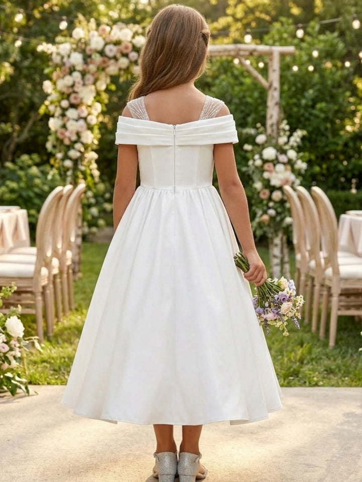 Robe pour Fille de Fleur, Ligne A/Princesse, Hors de l'épaule, Longueur du Thé, Sans Manches, Satin, Froncée