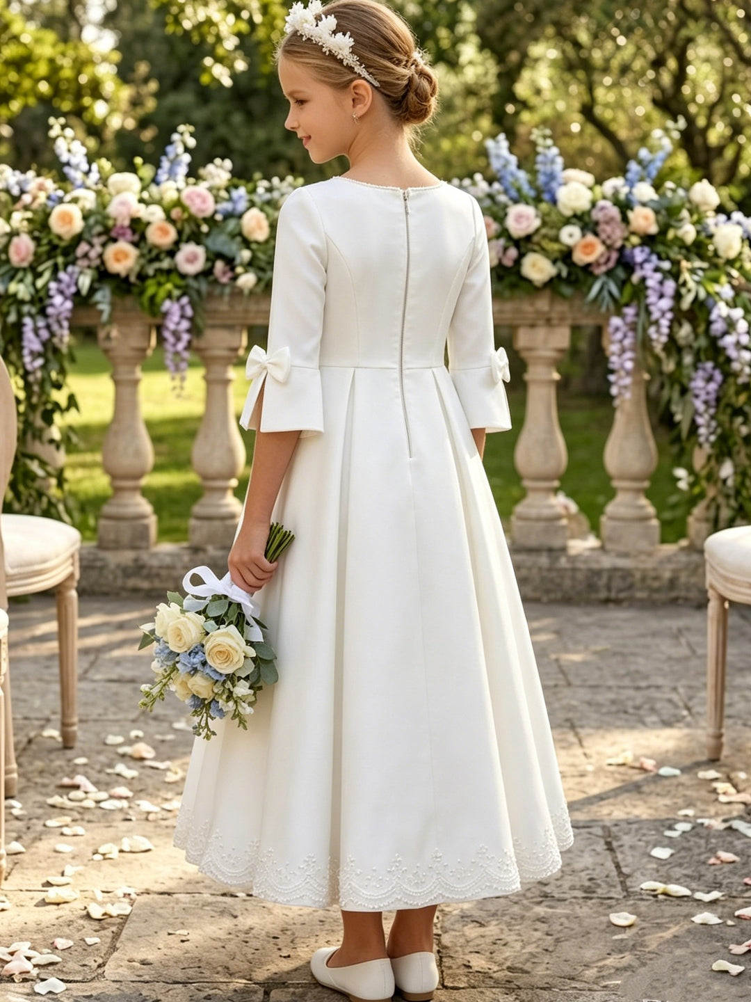 Robe pour Fille de Fleur, Ligne A/Princesse, Col Rond, Longueur du Thé, 3/4 Manches, Satin, Nœud Papillon