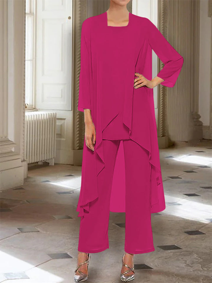 Mousseline Col rond 3/4 Length Sleeves Longueur de La ChevilleTailleurs-pantalons pour Mèrede la Mariée avec veste
