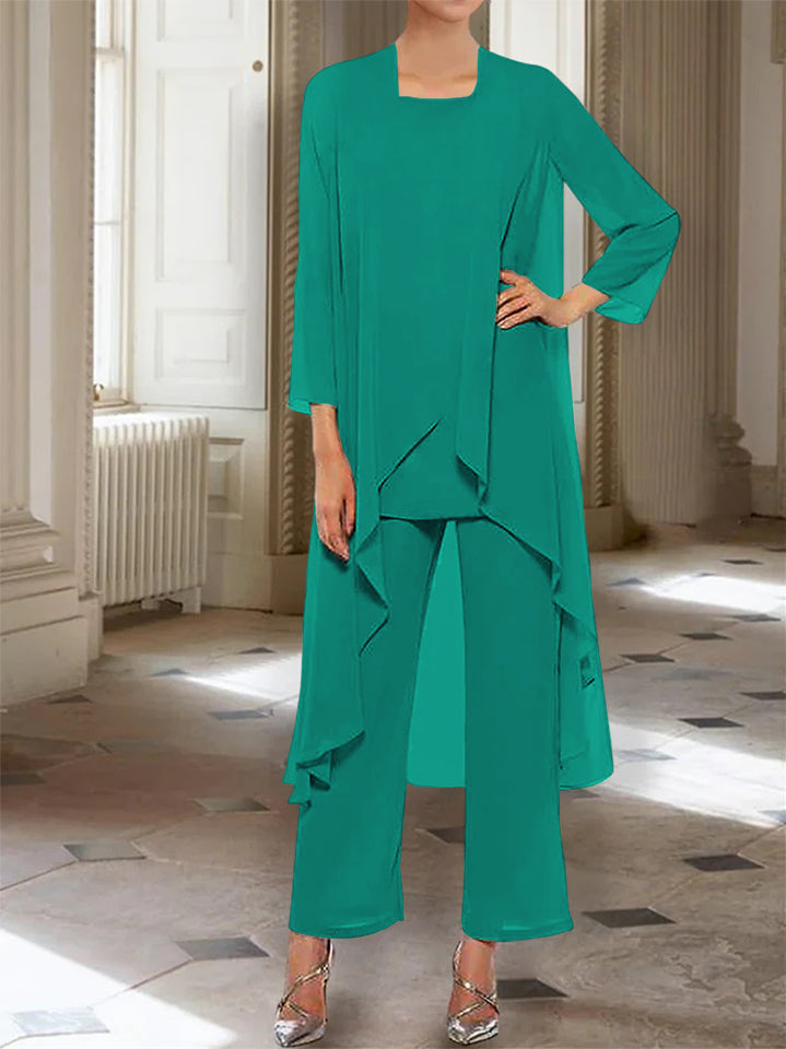 Mousseline Col rond 3/4 Length Sleeves Longueur de La ChevilleTailleurs-pantalons pour Mèrede la Mariée avec veste