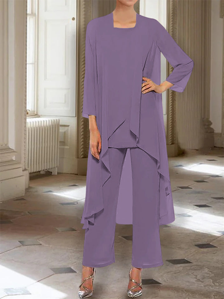 Mousseline Col rond 3/4 Length Sleeves Longueur de La ChevilleTailleurs-pantalons pour Mèrede la Mariée avec veste