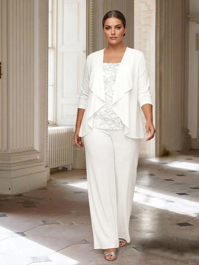Tailleur-Pantalon en Mousseline de Soie à Manches Longues et Veste pour Mère de la Mariée Grande Taille