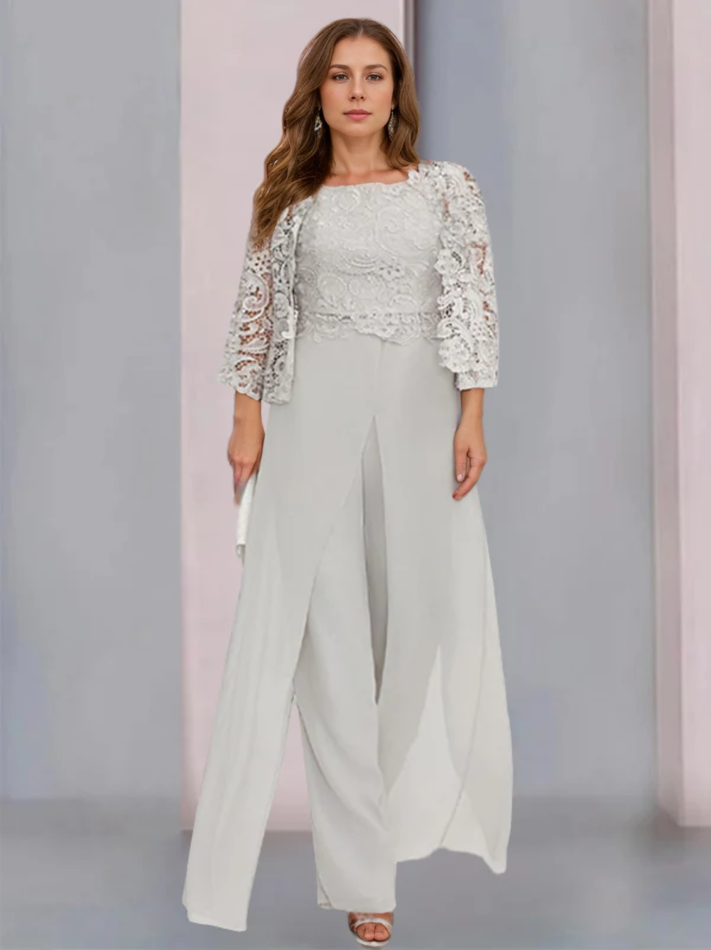 Tailleur-Pantalon en Mousseline à Col Carré et Longueur Au Sol pour Mère de la Mariée, Grande Taille, avec Veste et Fente Sur le Côté
