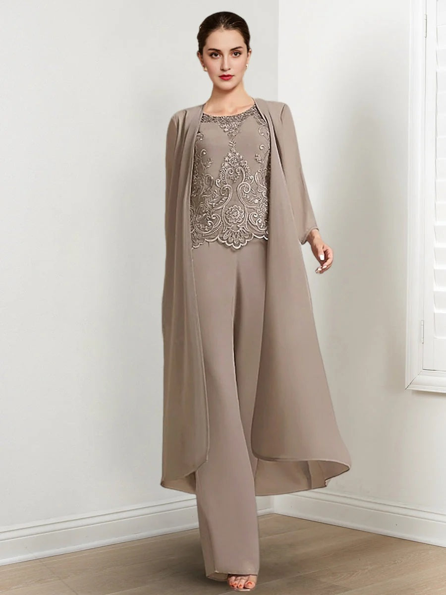 Tailleur-Pantalon en Mousseline à Col Rond et Longueur Au Sol pour Mère de la Mariée avec Veste et Applique