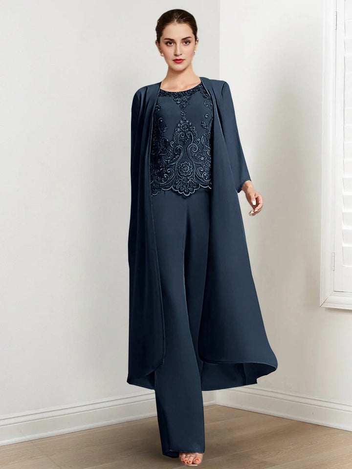 Tailleur-Pantalon en Mousseline à Col Rond et Longueur Au Sol pour Mère de la Mariée avec Veste et Applique