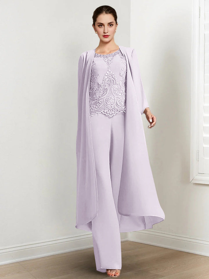 Tailleur-Pantalon en Mousseline à Col Rond et Longueur Au Sol pour Mère de la Mariée avec Veste et Applique