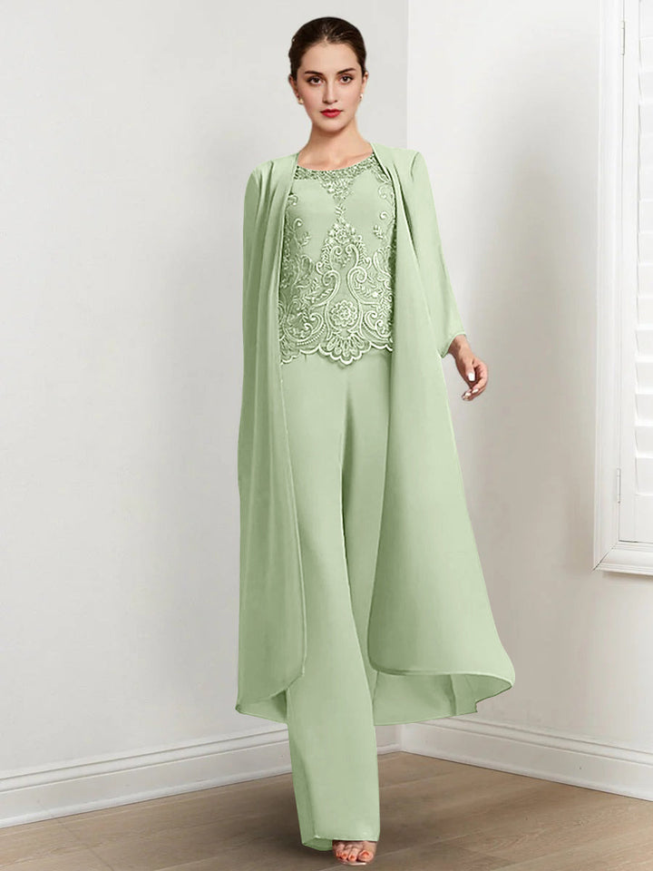 Tailleur-Pantalon en Mousseline à Col Rond et Longueur Au Sol pour Mère de la Mariée avec Veste et Applique