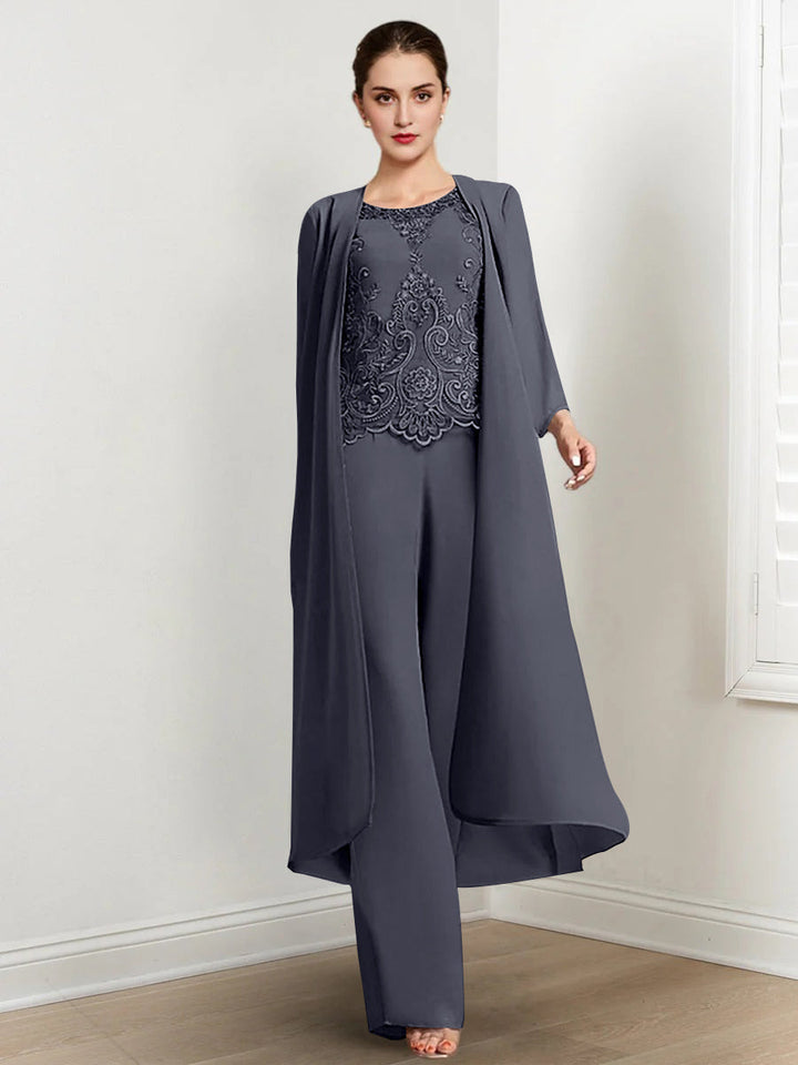 Tailleur-Pantalon en Mousseline à Col Rond et Longueur Au Sol pour Mère de la Mariée avec Veste et Applique