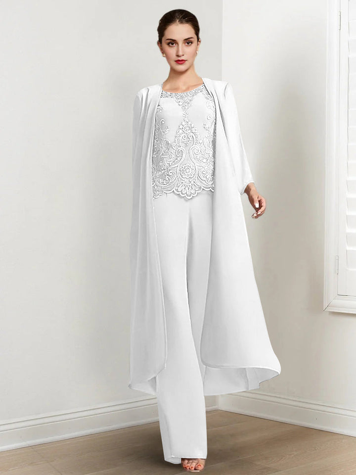 Tailleur-Pantalon en Mousseline à Col Rond et Longueur Au Sol pour Mère de la Mariée avec Veste et Applique