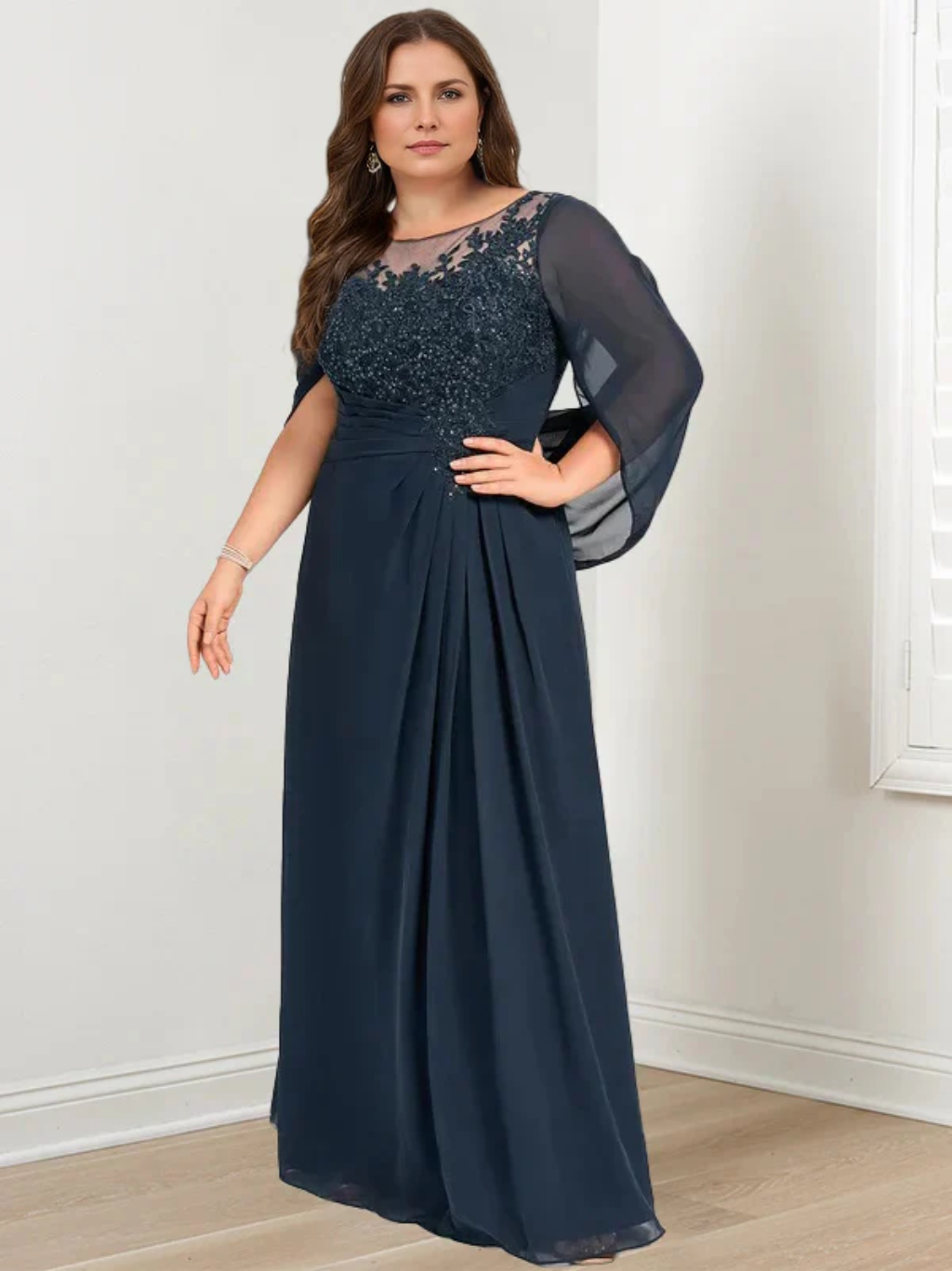 Robe de Mère de la Mariée Grande Taille, Coupe A-Line/Princess, Longueur Au Sol, avec Plis et Paillettes