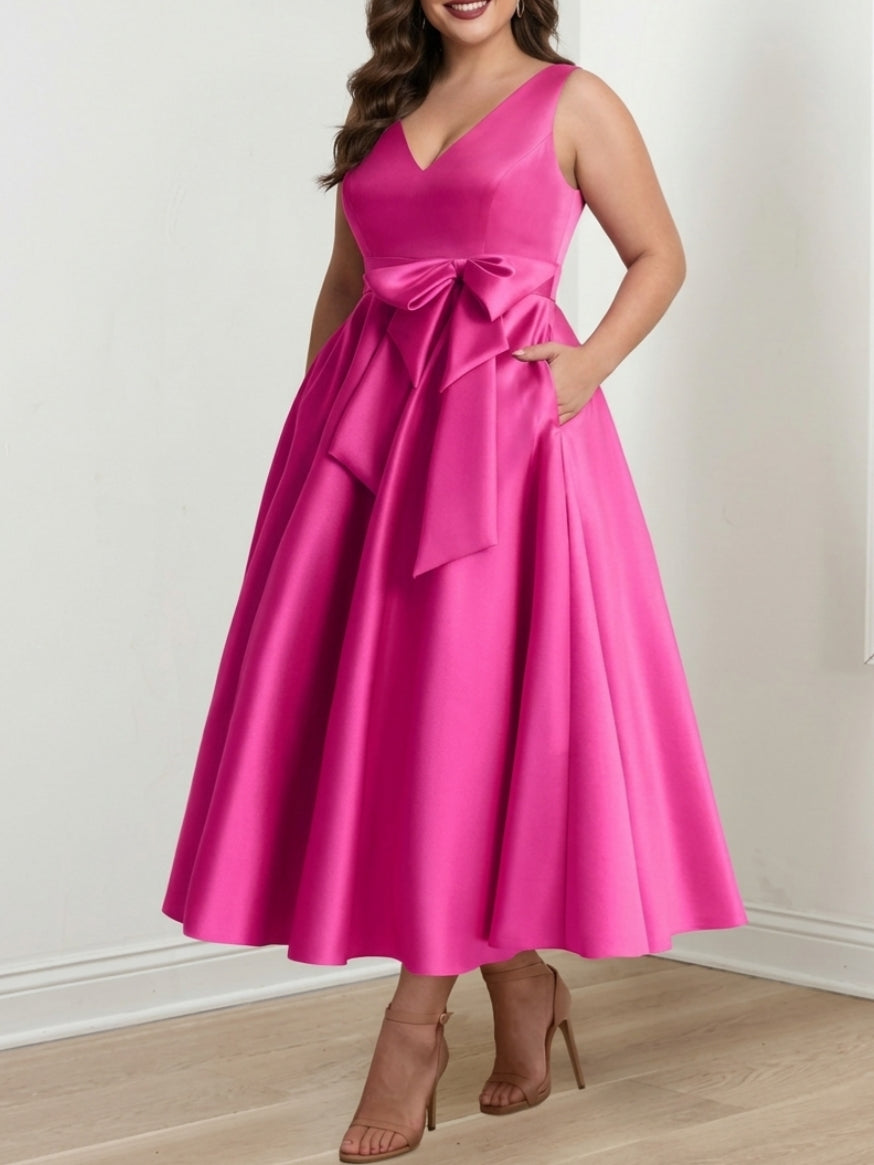 Robe de Mère de la Mariée Grande Taille, Coupe A-Line/Princess, Col en V, Sans Manches, Longueur Cheville, avec Poches et Volants