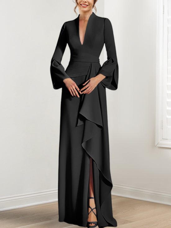 Robe de Mère de la Mariée Fourreau/Colonne à Col en V et Manches Longues, Longueur Au Sol, avec Fente Sur le Côté
