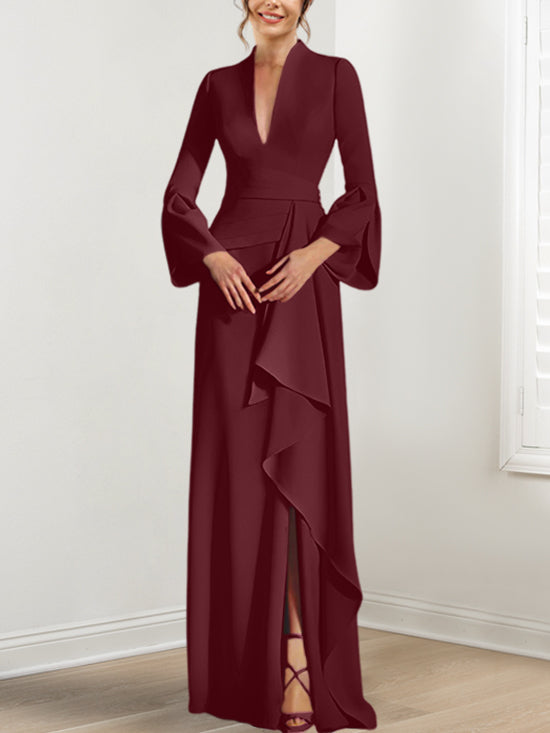Robe de Mère de la Mariée Fourreau/Colonne à Col en V et Manches Longues, Longueur Au Sol, avec Fente Sur le Côté