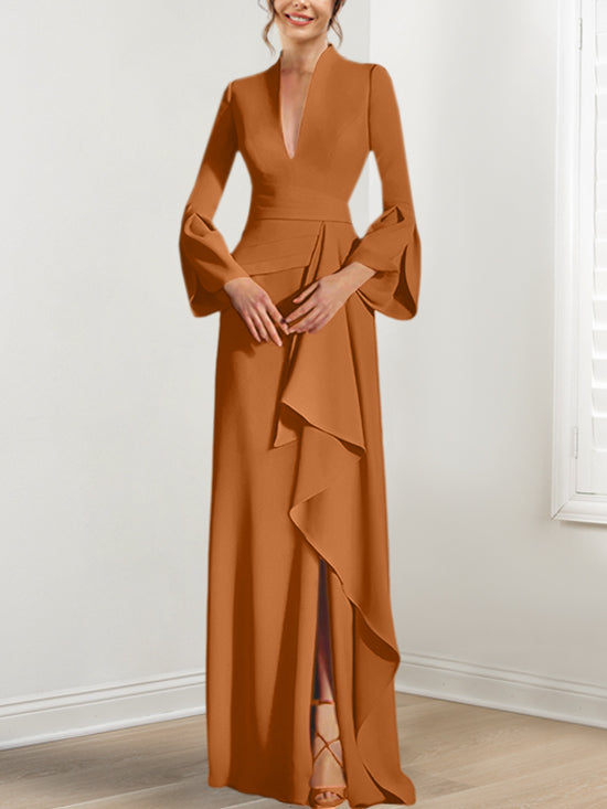 Robe de Mère de la Mariée Fourreau/Colonne à Col en V et Manches Longues, Longueur Au Sol, avec Fente Sur le Côté