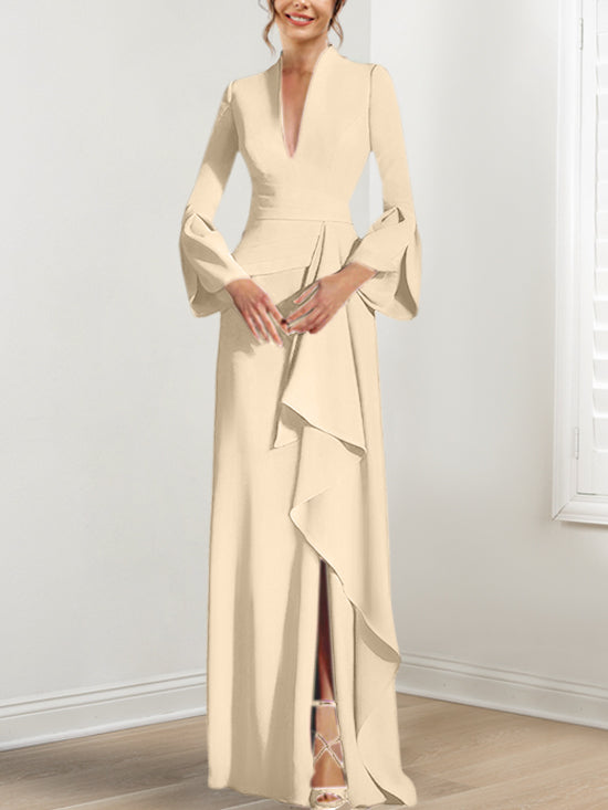 Robe de Mère de la Mariée Fourreau/Colonne à Col en V et Manches Longues, Longueur Au Sol, avec Fente Sur le Côté