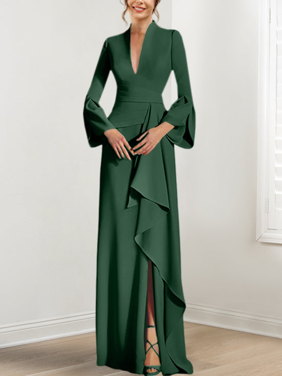 Robe de Mère de la Mariée Fourreau/Colonne à Col en V et Manches Longues, Longueur Au Sol, avec Fente Sur le Côté