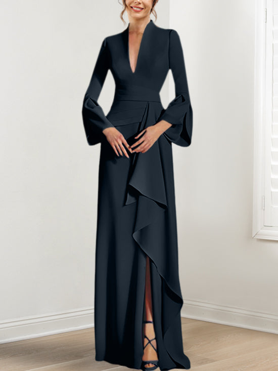 Robe de Mère de la Mariée Fourreau/Colonne à Col en V et Manches Longues, Longueur Au Sol, avec Fente Sur le Côté