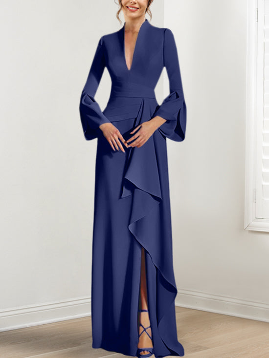 Robe de Mère de la Mariée Fourreau/Colonne à Col en V et Manches Longues, Longueur Au Sol, avec Fente Sur le Côté