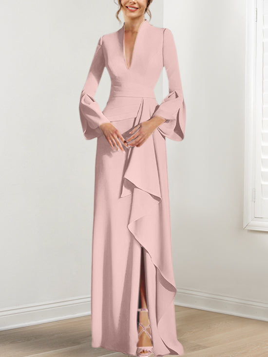 Robe de Mère de la Mariée Fourreau/Colonne à Col en V et Manches Longues, Longueur Au Sol, avec Fente Sur le Côté