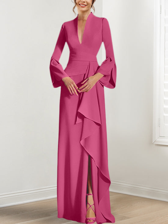Robe de Mère de la Mariée Fourreau/Colonne à Col en V et Manches Longues, Longueur Au Sol, avec Fente Sur le Côté