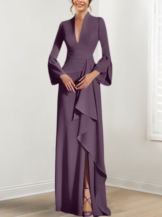 Robe de Mère de la Mariée Fourreau/Colonne à Col en V et Manches Longues, Longueur Au Sol, avec Fente Sur le Côté