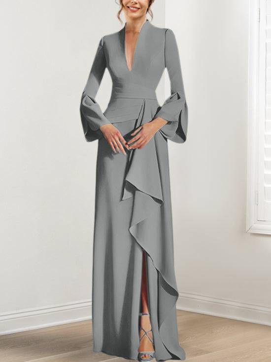 Robe de Mère de la Mariée Fourreau/Colonne à Col en V et Manches Longues, Longueur Au Sol, avec Fente Sur le Côté