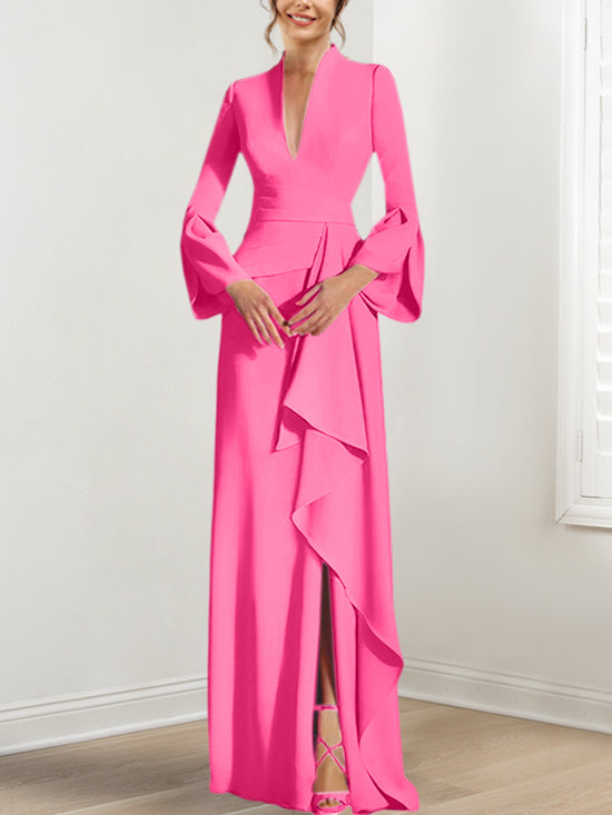 Robe de Mère de la Mariée Fourreau/Colonne à Col en V et Manches Longues, Longueur Au Sol, avec Fente Sur le Côté