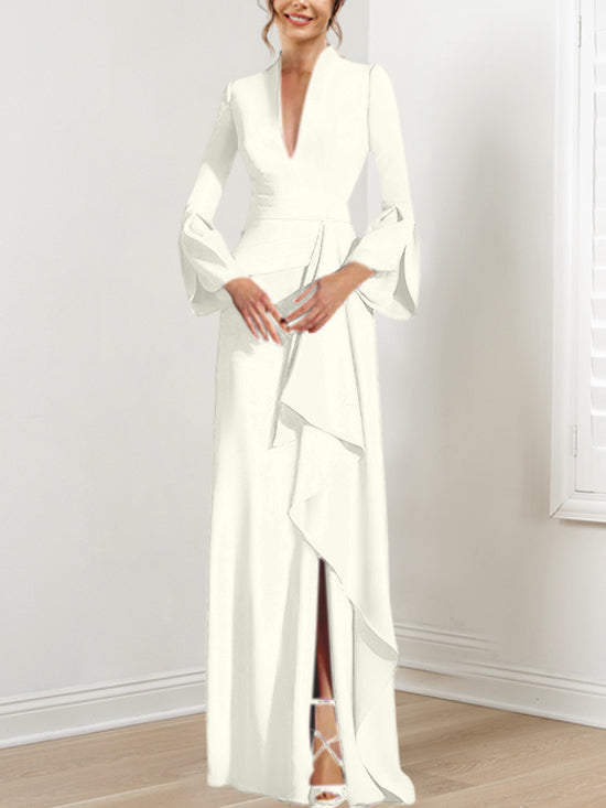 Robe de Mère de la Mariée Fourreau/Colonne à Col en V et Manches Longues, Longueur Au Sol, avec Fente Sur le Côté