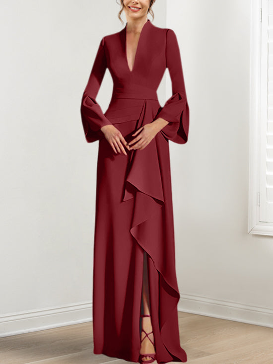 Robe de Mère de la Mariée Fourreau/Colonne à Col en V et Manches Longues, Longueur Au Sol, avec Fente Sur le Côté
