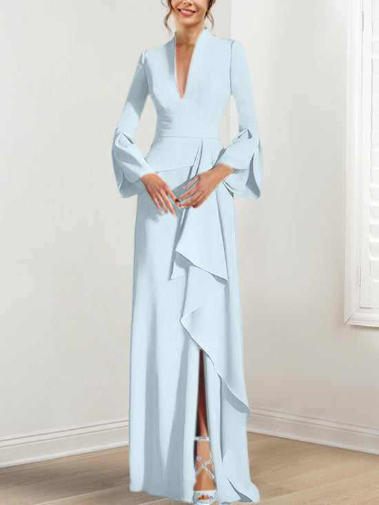 Robe de Mère de la Mariée Fourreau/Colonne à Col en V et Manches Longues, Longueur Au Sol, avec Fente Sur le Côté